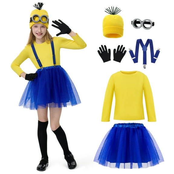 Joyfy Halloween Kids Costume Accessories Set with Goggles/Beanie/Yellow Tutu Shirt/Suspenders/Gloves for Halloween Fancy Party Dress up Cosplay