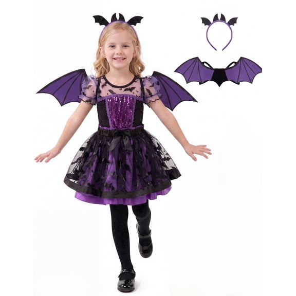 Joyfy Purple Bat Tutu Costume for Girls, Toddler Bat Vampire Outfit with Wings Headband for Halloween Carnival Dress Up Party
