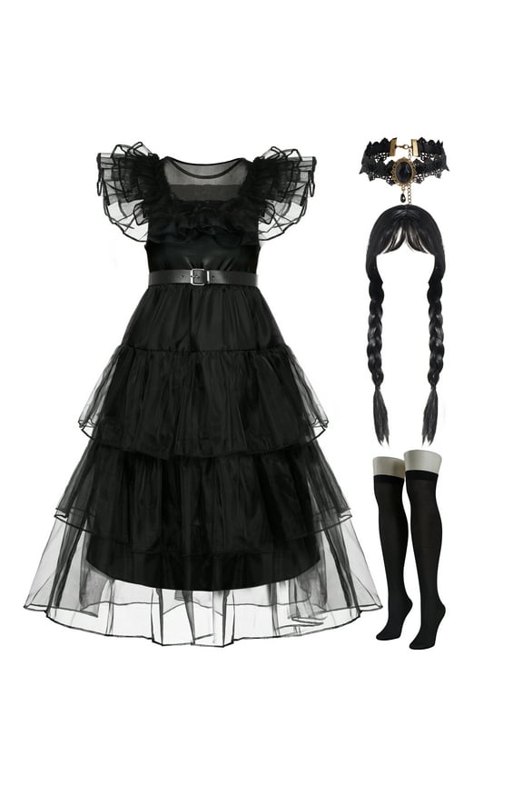 Halloween Costume Set for Girls, Dark Vintage Prom Dress for Kids, Black Gothic Dress Costume for Halloween Cosplay Parties 5-12 Years