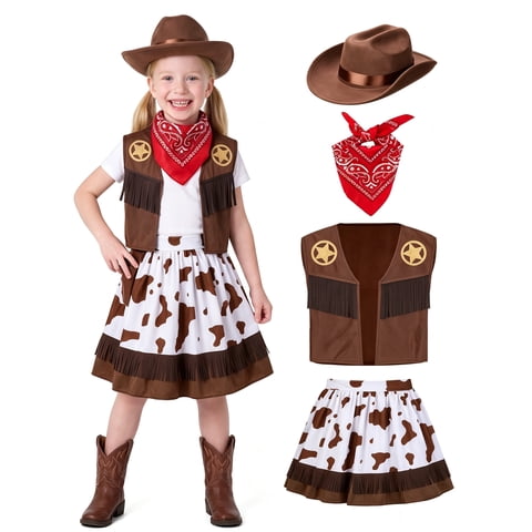 Joyfy Halloween Cowgirl Costume for Girls, Kids Cowboy Costume Set, Brown Western Style Cowgirl Outfit with Hat Bandana for Toddler Dress-up Party Cosplay 3-8 years