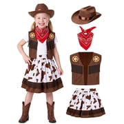 Joyfy Halloween Cowgirl Costume for Girls, Kids Cowboy Costume Set, Brown Western Style Cowgirl Outfit with Hat Bandana for Toddler Dress-up Party Cosplay 3-8 years
