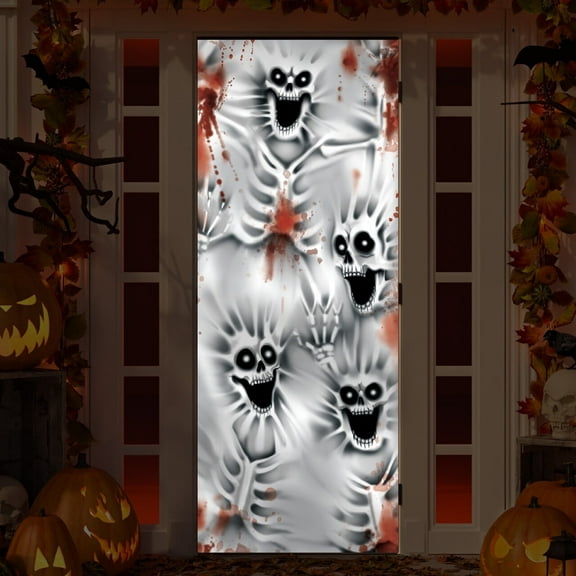 Joyfy Halloween Decorations Creepy Skeleton Door Cover,Indoor Halloween Door Banner Front Door Cover for Halloween Party Haunted House Photo Props Supplies