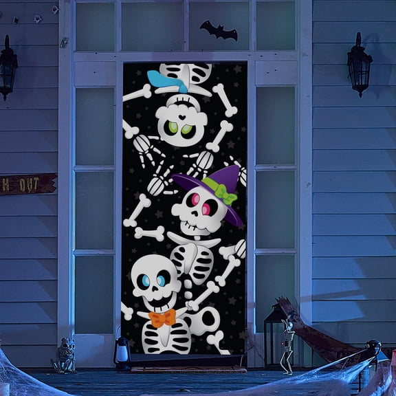 Joyfy Halloween Decorations Cute Skeleton Door Cover,Indoor Halloween Door Banner Front Door Cover for Halloween Party Haunted House Photo Props Supplies