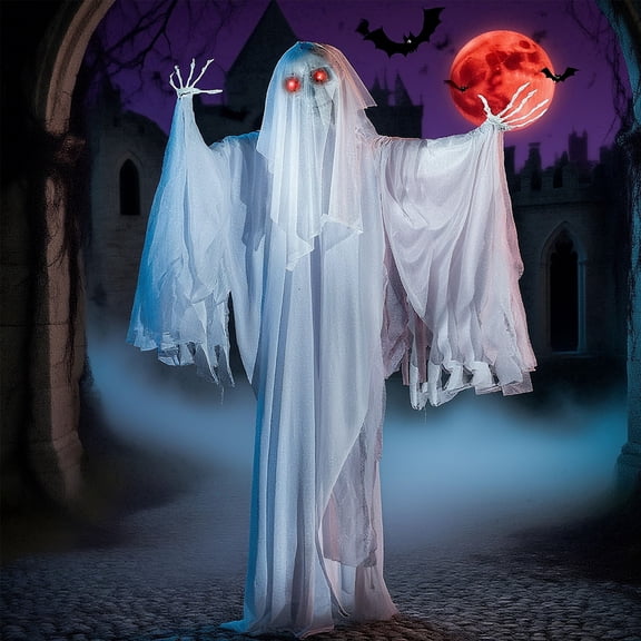 Joyfy 67" Standing Ghost Large Halloween Decorations Outdoor, Sound-Actived Skeleton with Glowing Eyes & Creepy Sound, Scary Halloween Life Size Animatronics, Haunted House Props for Garden Yard Lawn
