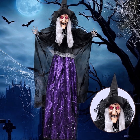 Joyfy 47" Halloween Decorations Outdoor,Life Size Animated Witch Scary Decorations Halloween Motion Activated Witch with LED Eyes & Sound,Haunted House Decor