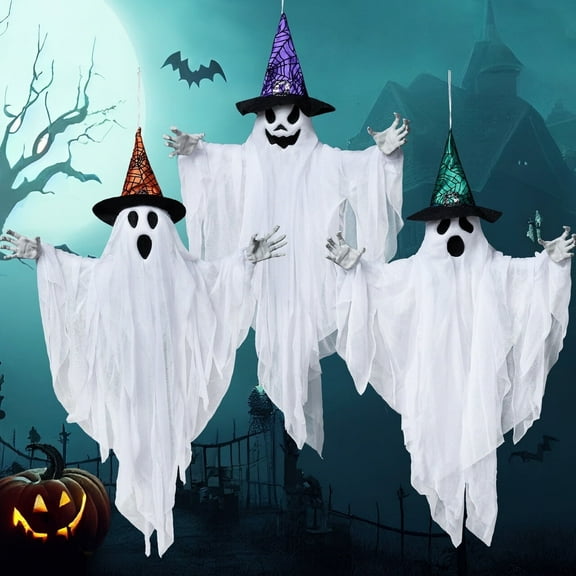Joyfy 3 Packs Hanging Ghost Halloween Decorations Outdoor,24.8" White Flying Ghosts with Hats Outdoor Hanging Halloween Decorations Yard Decorations