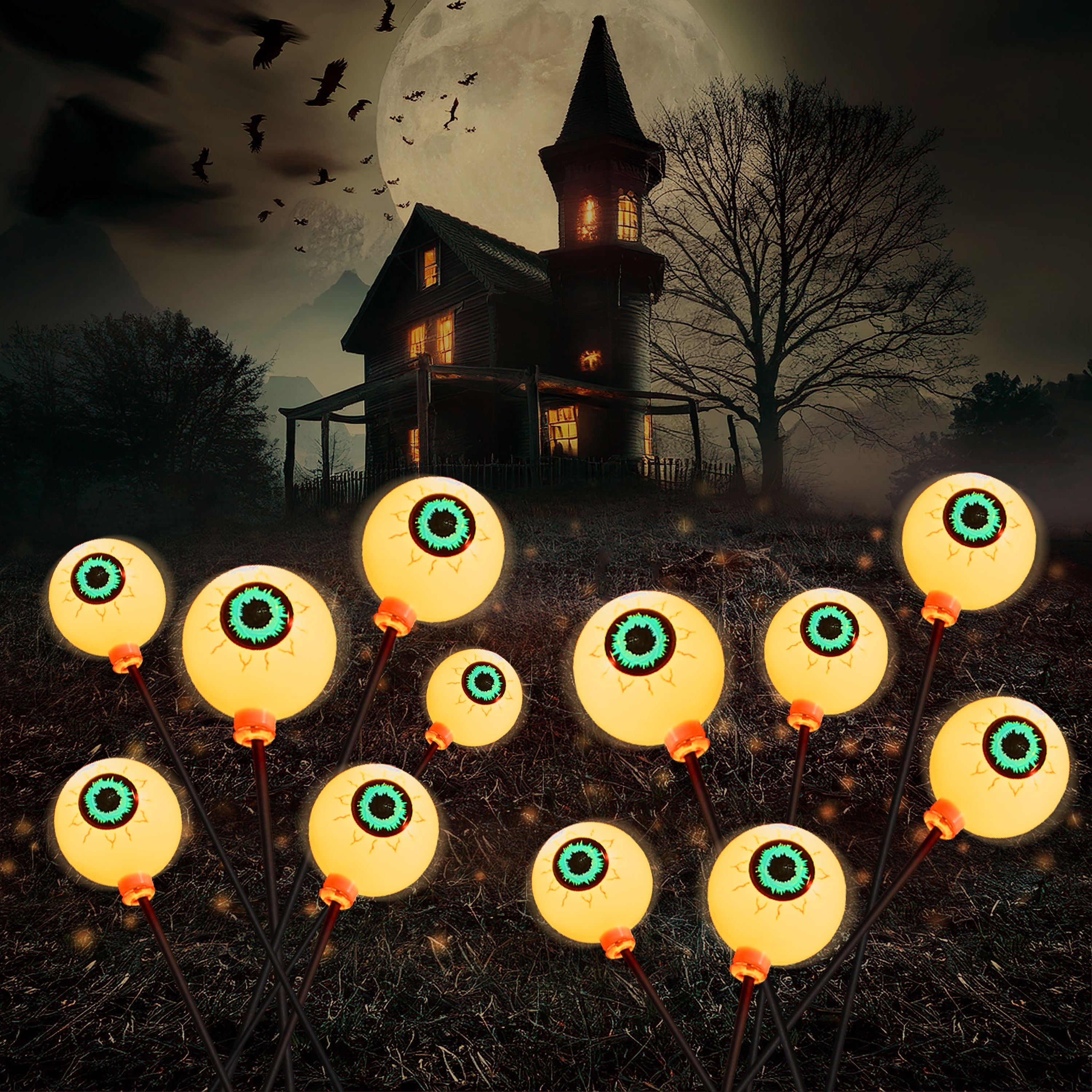 Joyfy 2 Pack Halloween Decorations Outdoor Solar Scary Eyeball Lights,Warm White Eyeball Swaying Firefly Lights,Waterproof Solar Halloween Path Lights for Yard Garden Lawn Decor