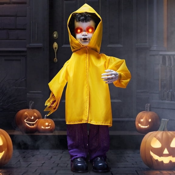 Joyfy 2.7 ft Standing Ghost Halloween Decorations Outdoor, Scary Halloween Life Size Animatronics Ghost Decor with Glowing Eyes & Sound, Sound Activated Party Supplies for Yard Lawn Haunted House
