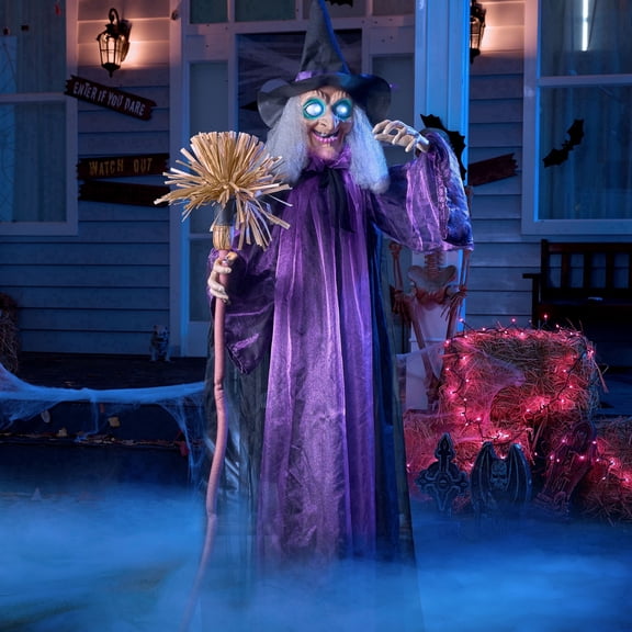 Joyfy 6 FT Halloween Decorations Outdoor Standing Witch with Broom, Life Size Animatronics with LED Eyes & Creepy Sound, Radar Motion Activated Witch for Yard Lawn Garden Haunted House Scary Decor