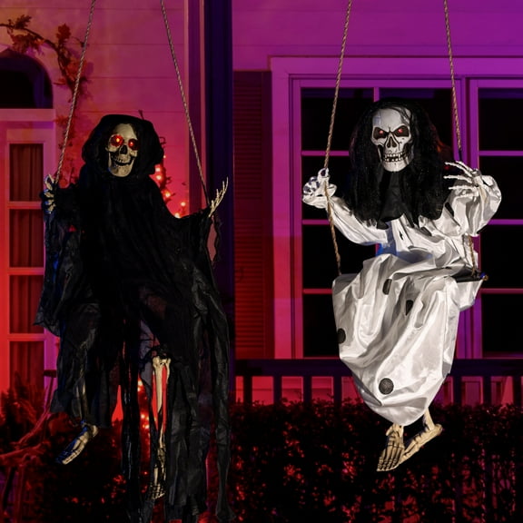 Joyfy 2 Packs Halloween Decorations Outdoor Hanging Swinging Skeleton Ghosts,3 ft Light Up Creepy Grim Reaper Decorations for Halloween Hanging Decorations Indoor Outdoor Yard