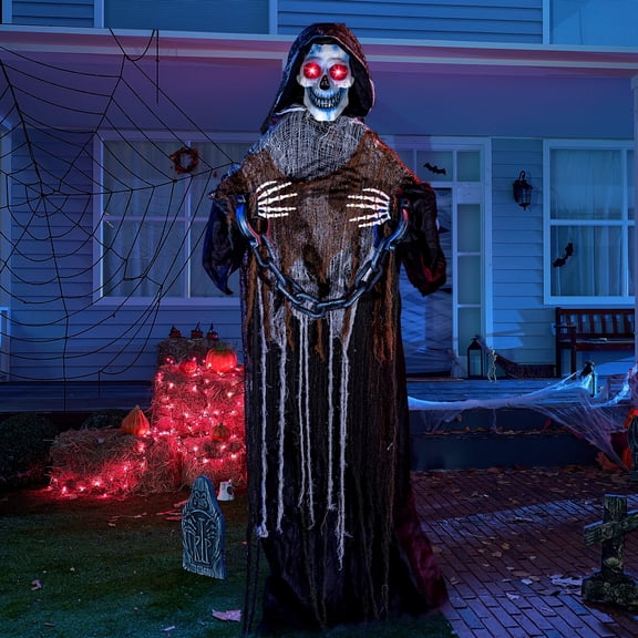 Joyfy 67" Standing Grim Reaper with Chain, Large Halloween Decorations Outdoor, Life Size Animatronics Skelton, Sound-Actived Party Decor with Creepy Sound & LED Eyes, Scary Haunted House Props