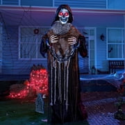 Joyfy 67" Standing Grim Reaper with Chain, Large Halloween Decorations Outdoor, Life Size Animatronics Skelton, Sound-Actived Party Decor with Creepy Sound & LED Eyes, Scary Haunted House Props