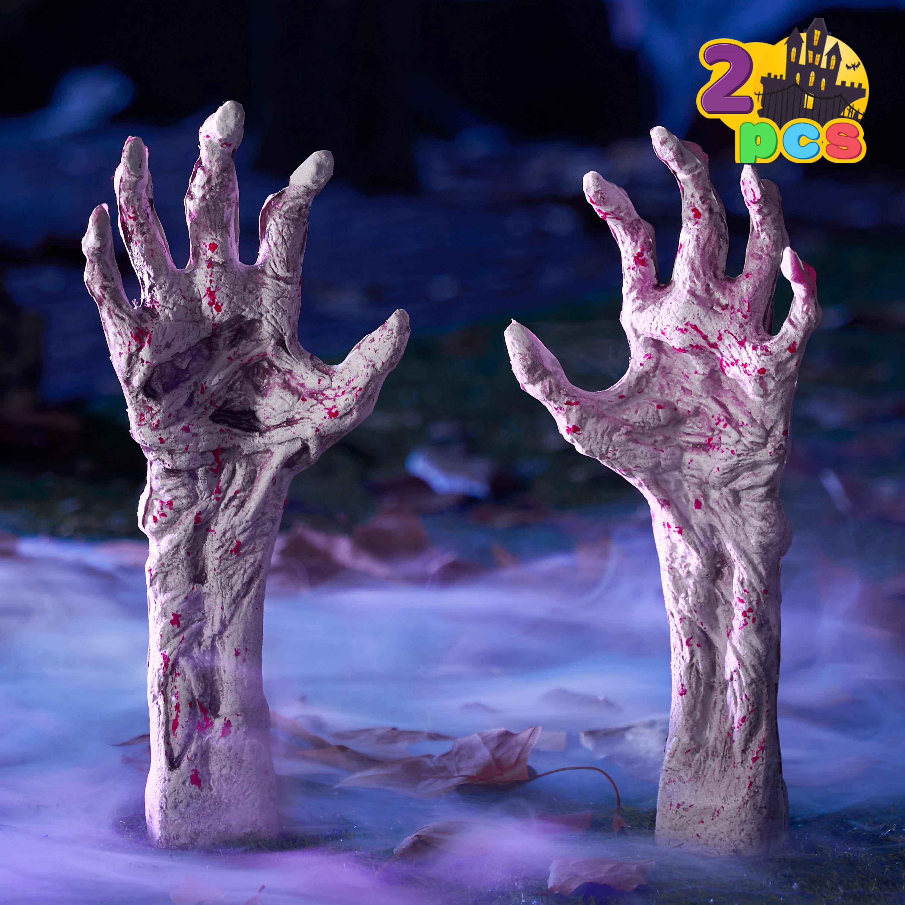 Joyfy 2 Pack Skeleton Hands Halloween Decoration Outdoor,13 inch Bloodstain Zombie Arm with Ground Stakes, Fake Arm Hands Prop Groundbreaker for Halloween Graveyard Lawn Decor