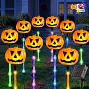 Joyfy 10 Pack Solar Halloween Lights Decorations Outdoor, Waterproof 5 Colors 6 Hours Light-up Pumpkin Pathway Lights, Jack-O-Lantern Decor with Stakes,Scary Halloween Props for Party Porch Yard Deco