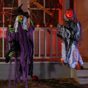 Joyfy 2 Packs Halloween Decorations Outdoor Hanging Ghosts,Light Up 3.9ft Witch and 3ft Pumpkin Face Creepy Decorations for Halloween Hanging Decorations Indoor Outdoor Yard