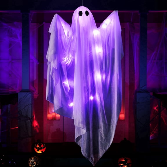 Joyfy 47" Halloween Hanging Light up Ghost Decorations Outdoor,White Ghosts with Purple LED Light and Timer Halloween Hanging Decoration Waterproof for Front Yard Patio Lawn