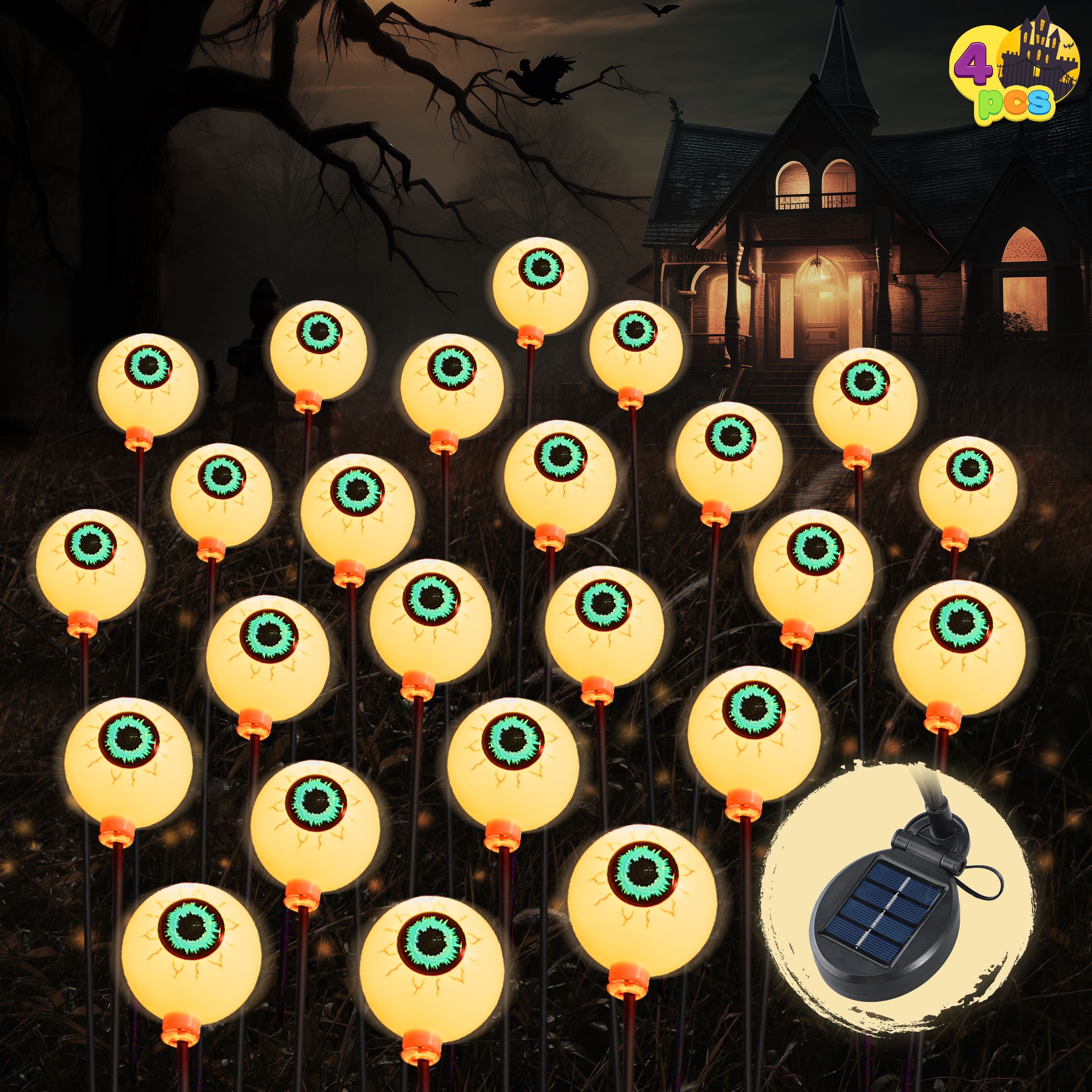 Joyfy 4 Pack Halloween Decorations Outdoor Solar Scary Eyeball Lights,Warm White Eyeball Swaying Firefly Lights,Waterproof Solar Halloween Path Lights for Yard Garden Lawn Decor