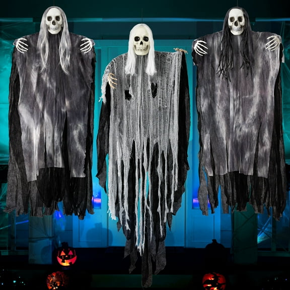 Joyfy 3 Pack Halloween Hanging Ghosts,Scary Skeleton Ghosts Grim Reapers Decorations for Halloween Indoor Outdoor Yard Home Decorations