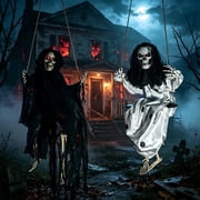 Joyfy 2 Packs Halloween Decorations Outdoor Hanging Swinging Skeleton Ghosts,3 ft Light Up Creepy Grim Reaper Decorations for Halloween Hanging Decorations Indoor Outdoor Yard