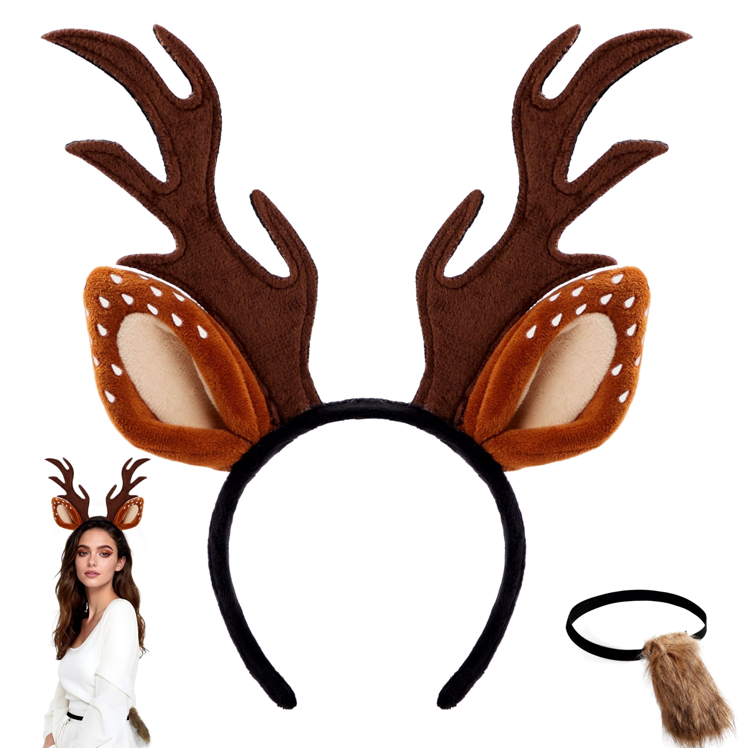 Deer Antlers Headband and Tail Costume Accessories for Adults Women Deer Antlers with Ears Costume Headband | Deer Accessories main image 3