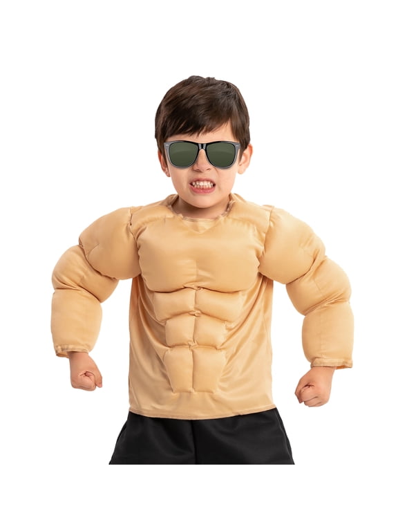 Halloween Muscle Costume for Kids, Body Builder Costume Shirt Kids Boys Suit for Halloween Dress-up Party 5-14 Years