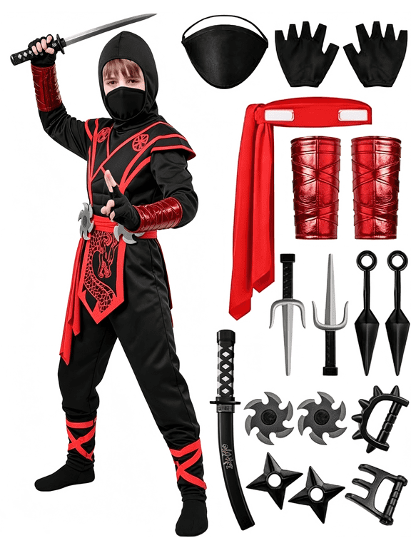 Halloween Kids Ninja Costume, Boys Ninja Dragon Jumpsuit Set with Accessories for Dress‑up Party Role‑Play