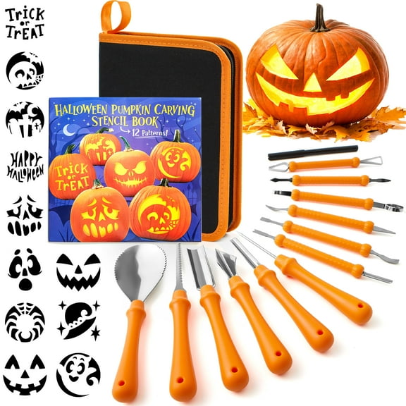 Joyfy 12 Pcs Halloween Pumpkin Decorating Kits,Professional Carving Kit with Handbag,12 Stainless Steel Double-sided Sculpting Tools,Halloween Crafts for Kids