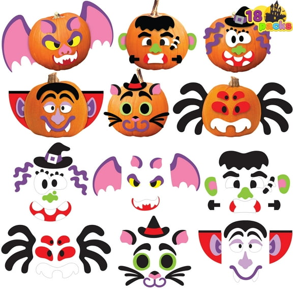 Joyfy 18 Packs Halloween Pumpkin Decorations Kit for Kids,Foam Pumpkin Face Stickers Halloween Party Supplies Halloween Favors Pumpkin Painting Kit