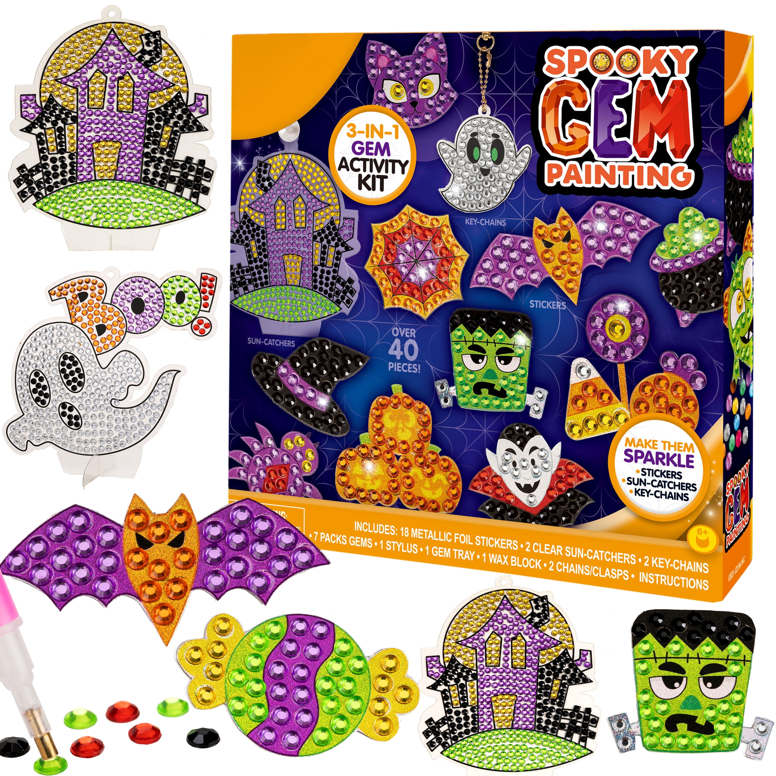 Joyfy Halloween Crafts for Kids,Gem Art Kit Diamond Painting Kit with Stickers,Suncatchers,and Keychains,Halloween Party Supplies Halloween Arts and Crafts