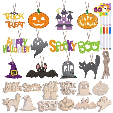Joyfy 60 Pcs Halloween Crafts Wooden Painting Kit Party Supplies,DIY Wood Blank Cutouts Ornaments for Kids Halloween Hanging Decorations