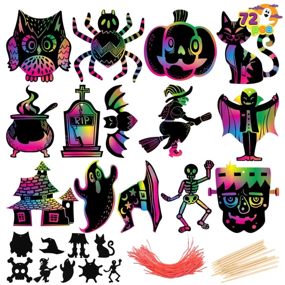 Joyfy 72 Pcs Halloween Crafts for Kids, Rainbow Scratch Art Crafts for Kid,Magic Rainbow Scratch Paper Off Cards Set for Halloween Crafts,Arts Supplies, Classroom Activities