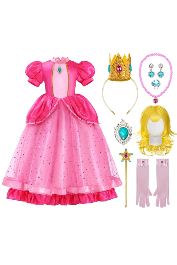 Halloween Princess Peach Costume for Girls, Crown Costume Set for Toddler Little Girls Birthday Party Fancy Dress up Cosplay