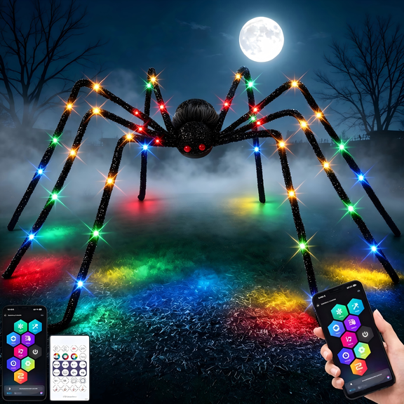 Joyfy 5 ft Light Up Giant Spider Halloween Decorations Outdoor,Multicolor RGB Colors Changing with App Control Scary Spider Lifelike Hairy Prop for Yard,Haunted House Party