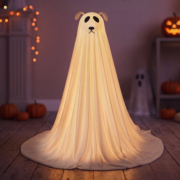 Joyfy 47"Cute Ghost Dog Halloween Decoration Outdoor, Reusable Spooky Standing Dog with Stakes, Soft White Light LED & 6 Hours ON + 18 Hours OFF Timer, Adorable Halloween Decor for Front Porch Yard