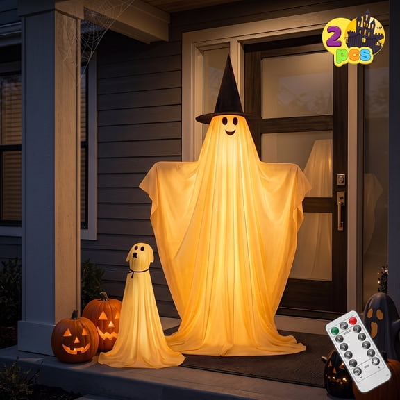 Joyfy 2 Pcs 55" Standing Ghost and 23" Cute Dog Ghost Set Outdoor Halloween Decorations, 8 Lightng Modes & Timer & Warm White LED Lights,Light up Ghost Docor for Yard Porch Lawn Garden Party