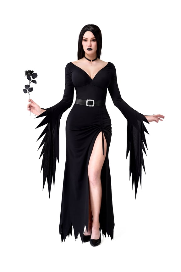 Women Long Black Gothic Witch Dress Halloween Costume Fancy Dress-up Cosplay