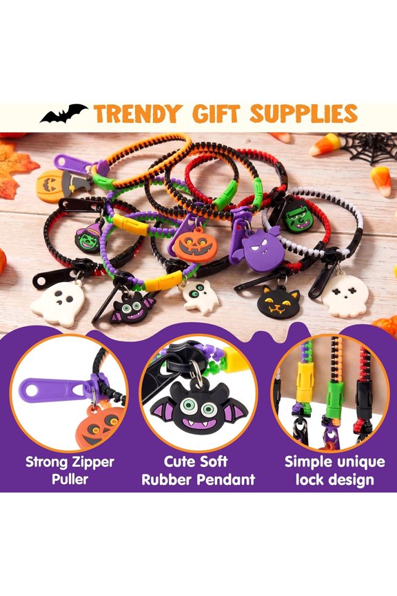 30 Pcs Halloween Zipper Bracelets Toys,Halloween Zipper Wristbands Toys Bulk for Party Favors,Halloween Goody Bag Fillers,Halloween Stretchy Toys for Classroom Prizes