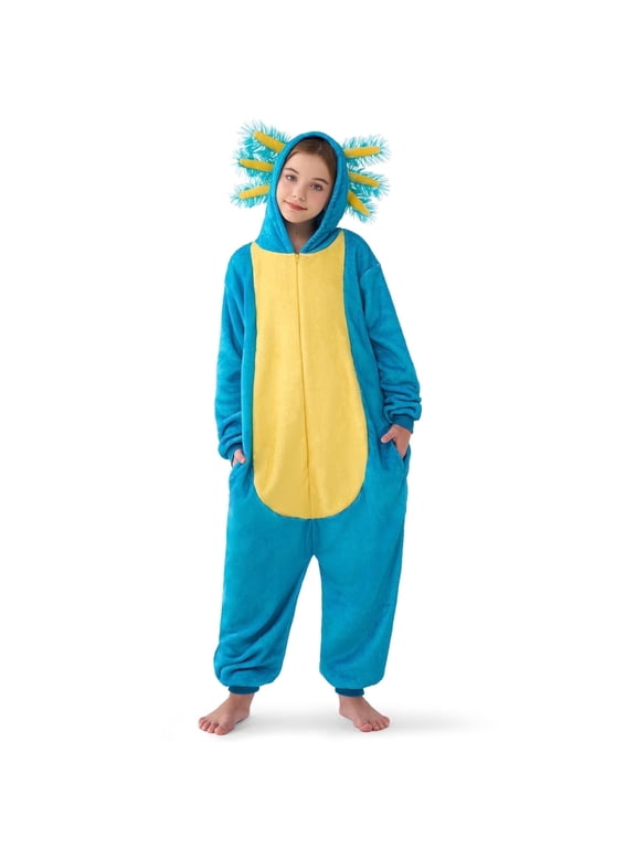 Halloween Axolotl Costume for Kids, Zip-Up Hooded Jumpsuit Pajama for Halloween Themed Party