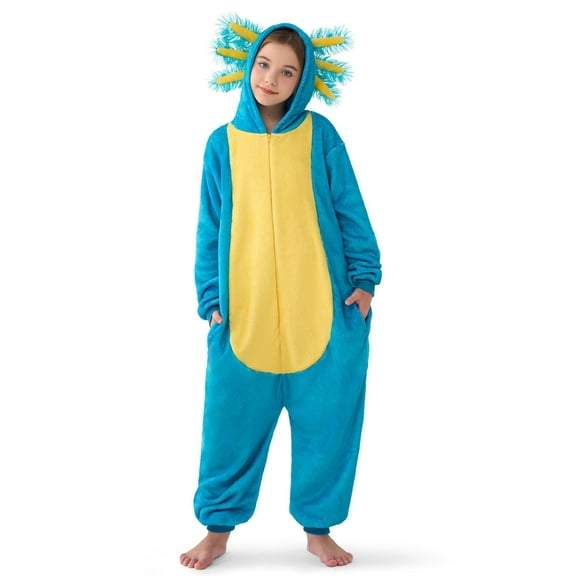 Joyfy Halloween Axolotl Costume, Kids Axolotl Costume, Zip-Up Hooded Jumpsuit for Halloween Cosplay Party