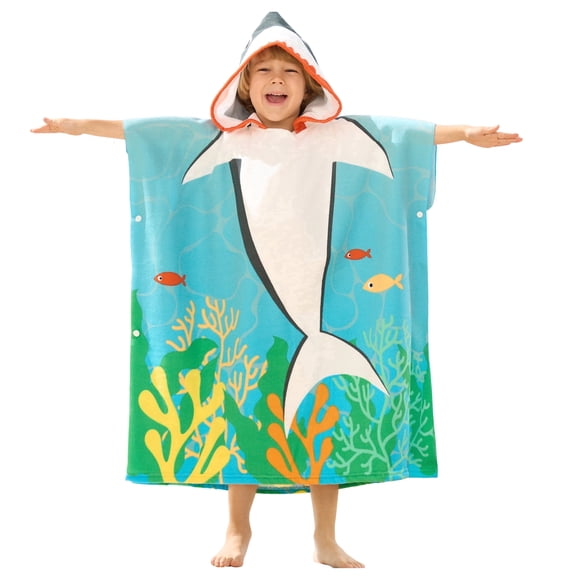 Joyfy Kids Beach Towels with Hood Ages 3-10,30"x30" for Beach Pool,Shark Bath Towel Poncho Absorbent Quick Dry Soft Microfiber with Storage Bag