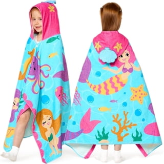 Joyfy Kids Hooded Beach Towel Poncho for Boys Girls Ages 3-10, 30"x50" Oversized Quick Dry Microfiber Mermaid Bath Towel for Pool, Super Absorbent Lightweight with Storage Bag