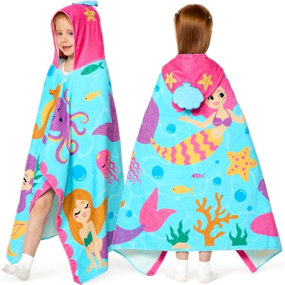 Joyfy Kids Hooded Beach Towel Poncho for Boys Girls Ages 3-10, 30"x50" Oversized Quick Dry Microfiber Mermaid Bath Towel for Pool, Super Absorbent Lightweight with Storage Bag