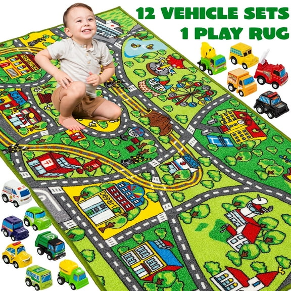 Joyfy Kids Car Play Rug for Playroom, Car Play Mat for Toddlers,Durable Car Carpet for Community Pretend Play