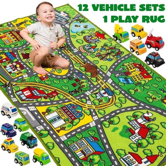 Joyfy Kids Car Play Rug for Playroom, Car Play Mat for Toddlers,Durable Car Carpet for Community Pretend Play