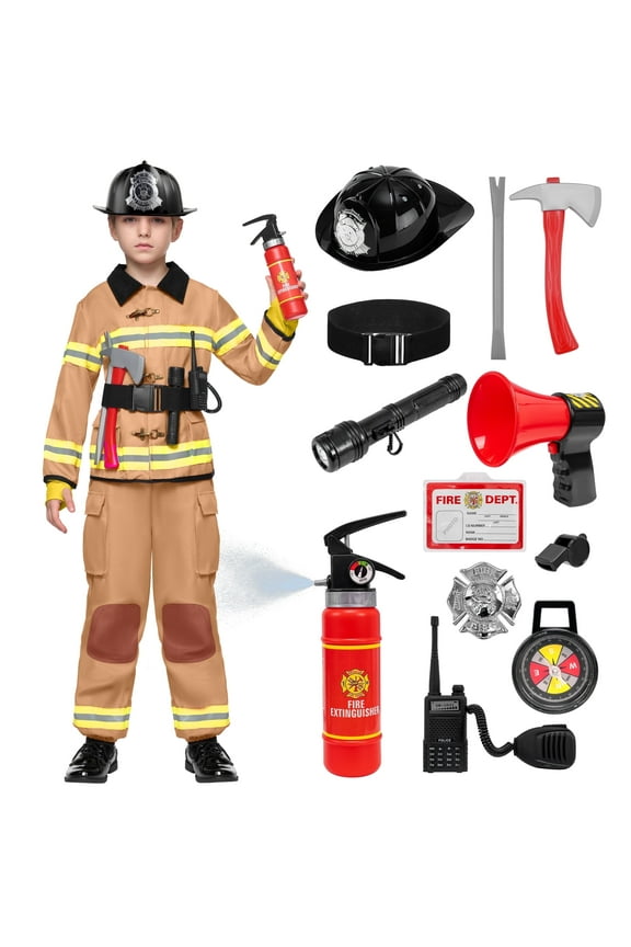 Kids Fireman Costume, Firefighter Costume for Toddler Halloween Party Dress Up 3-7 Years