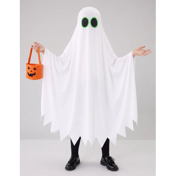Joyfy Kids Ghost Costume, Halloween Ghost Costume, White Silent Ghost Dress-Up Outfit with Pumpkin Bag for Toddler Boys Girls Trick-or-Treating, Halloween Party and Roleplay Cosplay