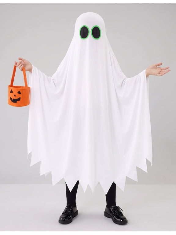 Kids Ghost Costume, Halloween Ghost Costume, White Silent Ghost Dress-Up Outfit with Pumpkin Bag for Toddler Boys Girls Trick-or-Treating, Halloween Party and Roleplay Cosplay