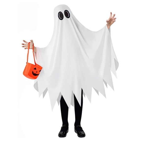 Joyfy Kids Ghost Costume, Halloween Ghost Costume, White Silent Ghost Costume with Pumpkin Bag for Toddler Boys Girls Halloween Party Dress Up Cosplay