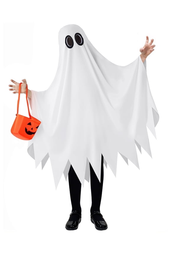 Kids Ghost Costume, Halloween Ghost Costume, White Silent Ghost Costume with Pumpkin Bag for Toddler Boys Girls Halloween Party Dress Up Cosplay