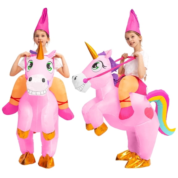Joyfy Halloween Inflatable Unicorn Costume for Kids, Full Body Blow Up Ride on Unicorn Costume with Hood for Halloween Dress Up Party
